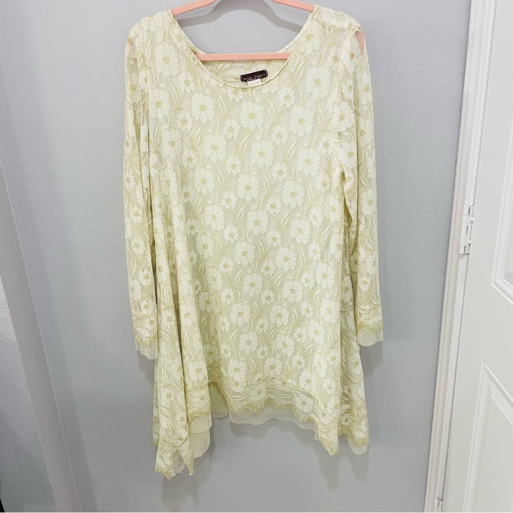 Vntg Design Todays Cream & Metallic Gold Floral Long Sleeve Dress Womens Size XL